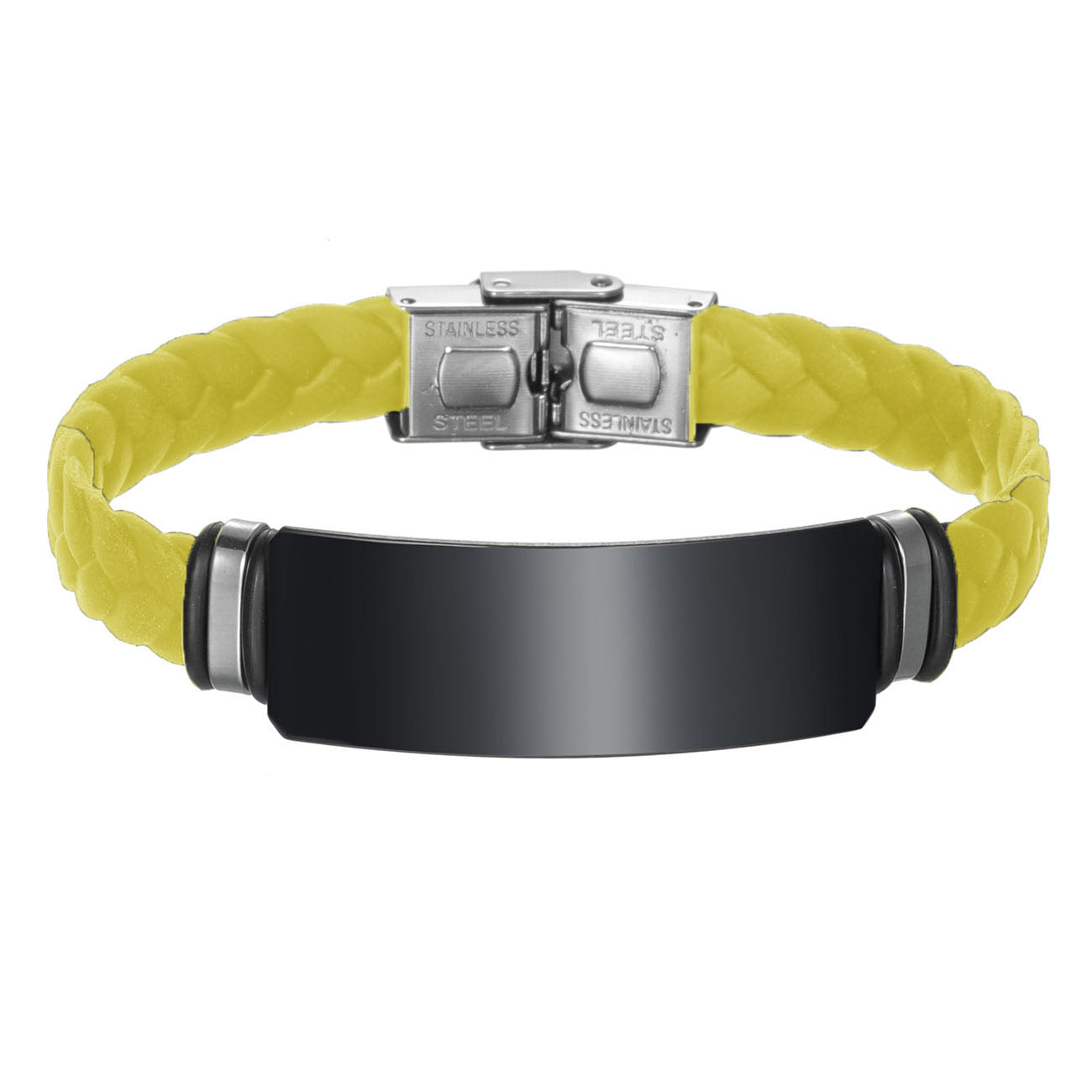 Personalized wrap silicone bracelet with black stainless steel nameplate and buckle, 8.26''