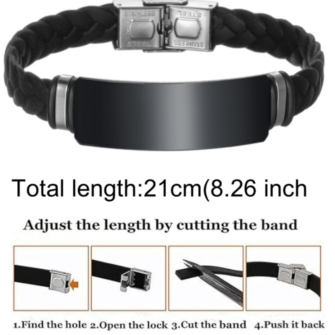 Personalized wrap silicone bracelet with black stainless steel nameplate and buckle, 8.26''