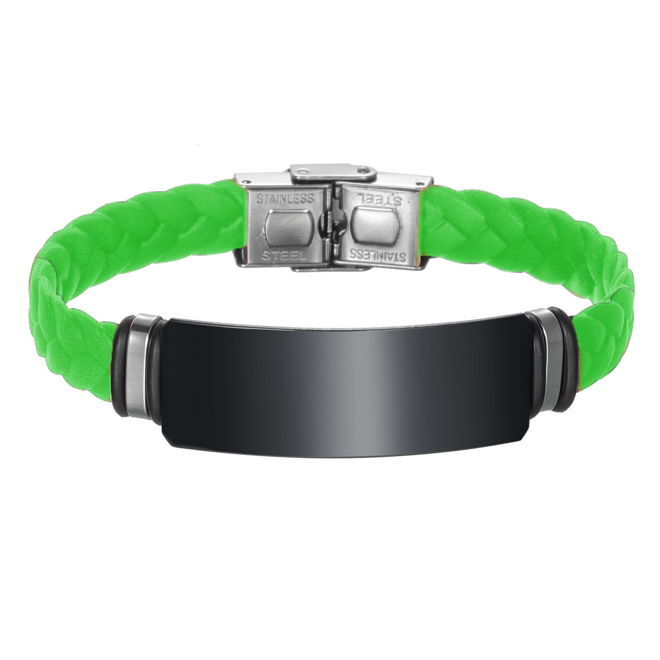 Personalized wrap silicone bracelet with black stainless steel nameplate and buckle, 8.26''