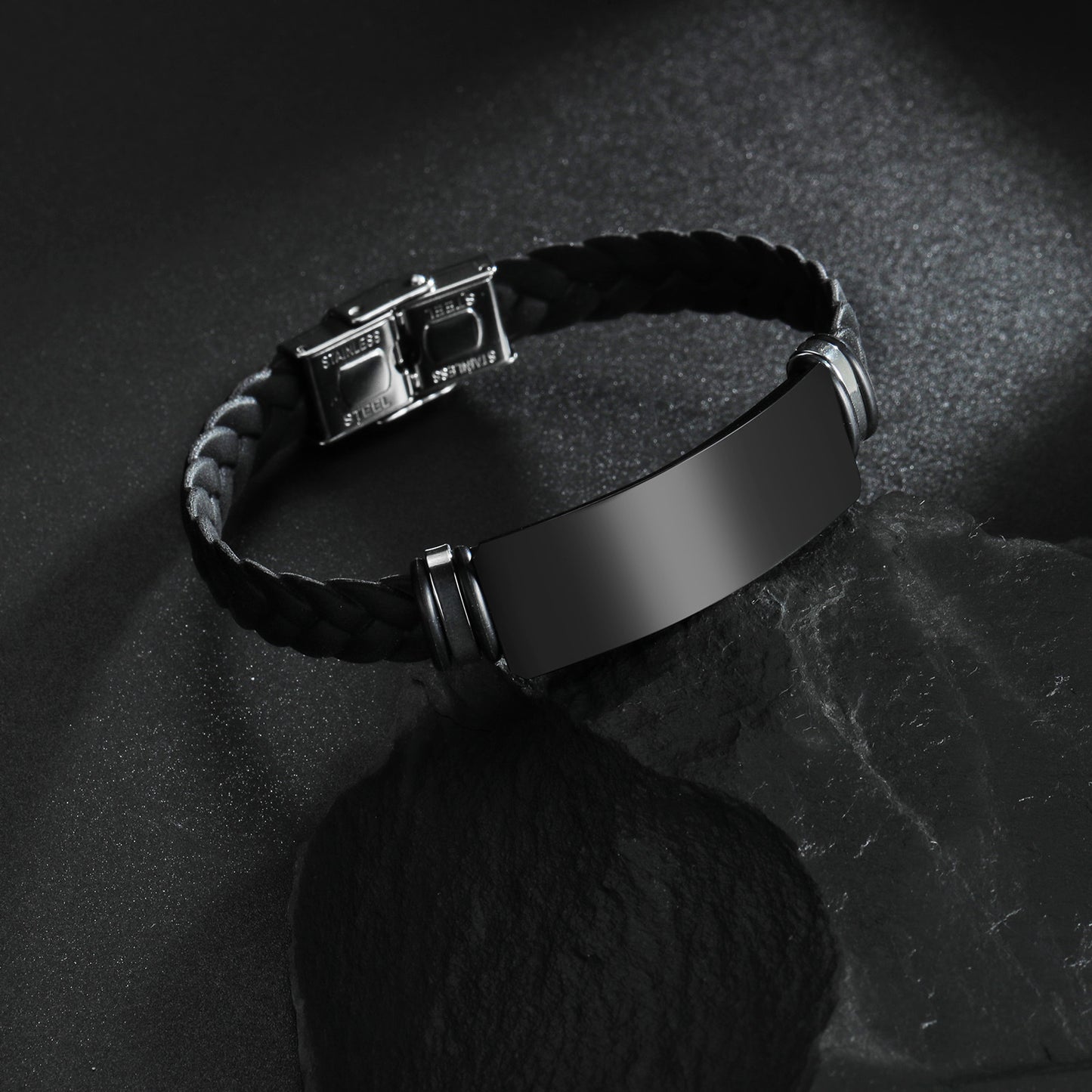 Personalized wrap silicone bracelet with black stainless steel nameplate and buckle, 8.26''