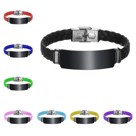 Personalized wrap silicone bracelet with black stainless steel nameplate and buckle, 8.26''