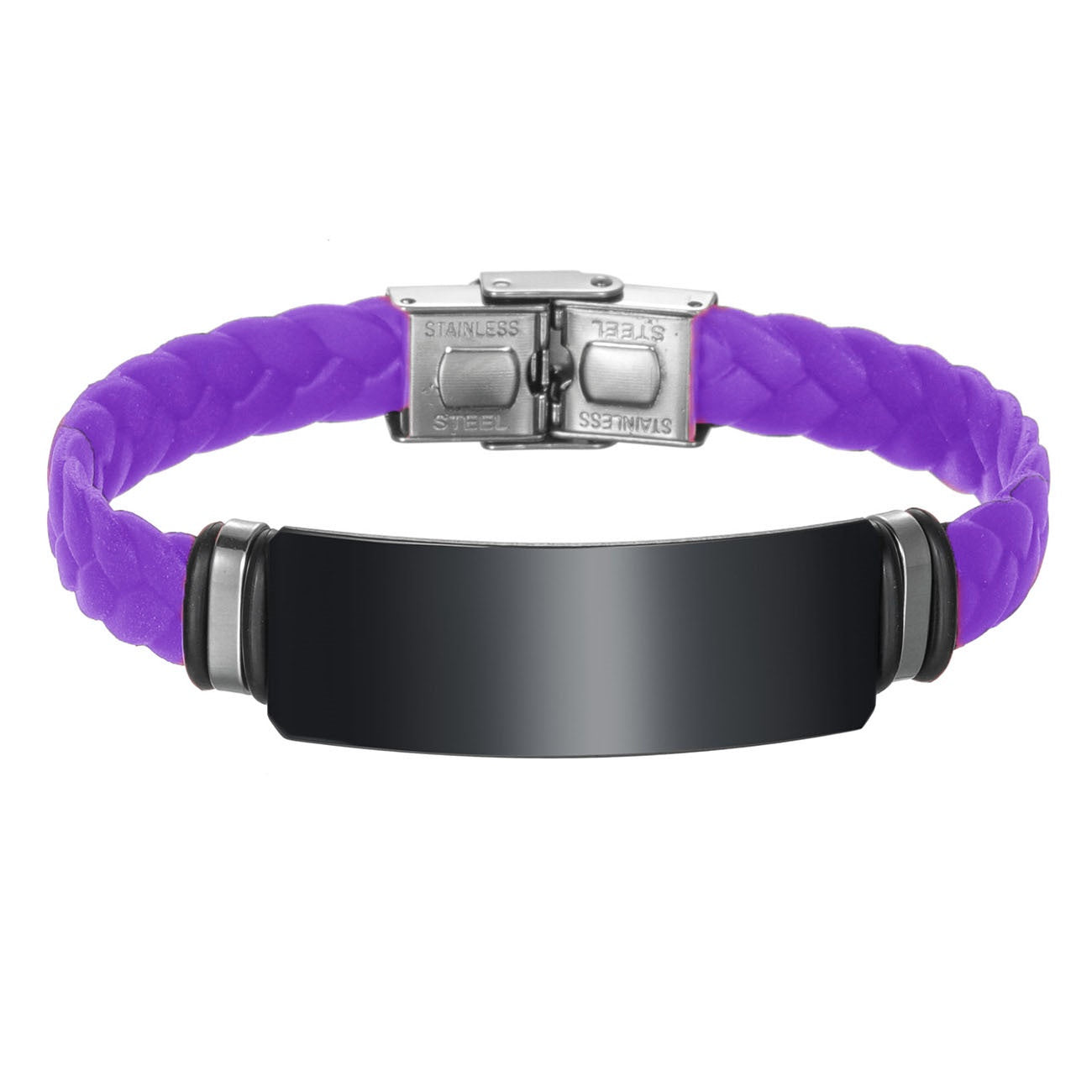 Personalized wrap silicone bracelet with black stainless steel nameplate and buckle, 8.26''