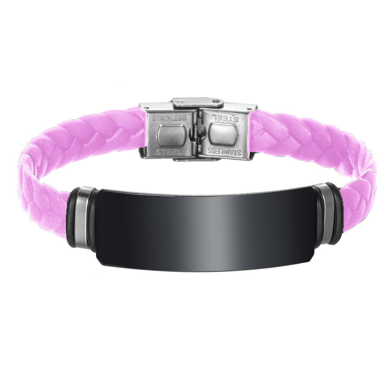 Personalized wrap silicone bracelet with black stainless steel nameplate and buckle, 8.26''