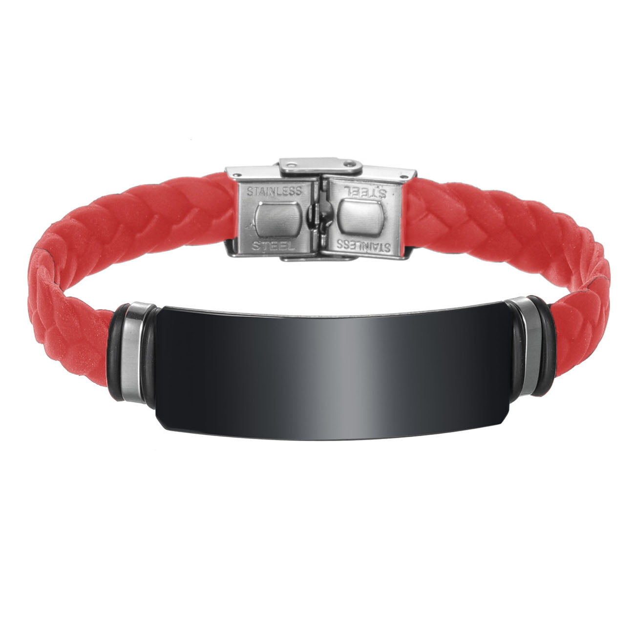 Personalized wrap silicone bracelet with black stainless steel nameplate and buckle, 8.26''