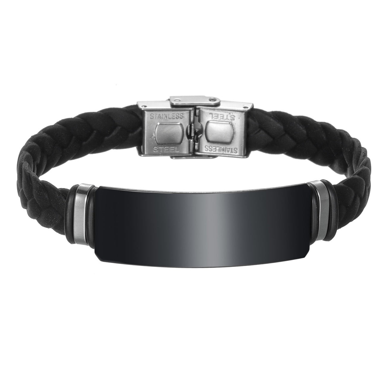 Personalized wrap silicone bracelet with black stainless steel nameplate and buckle, 8.26''
