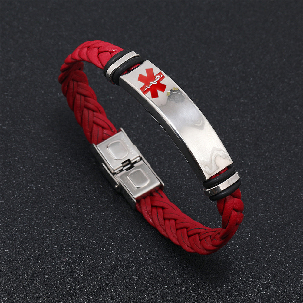 Personalized Medical Alert Disease Awareness Leather Bracelet Alarm ID Bangle Emergency Life Saver for Women Men,Black,Brown,with Aid Bag