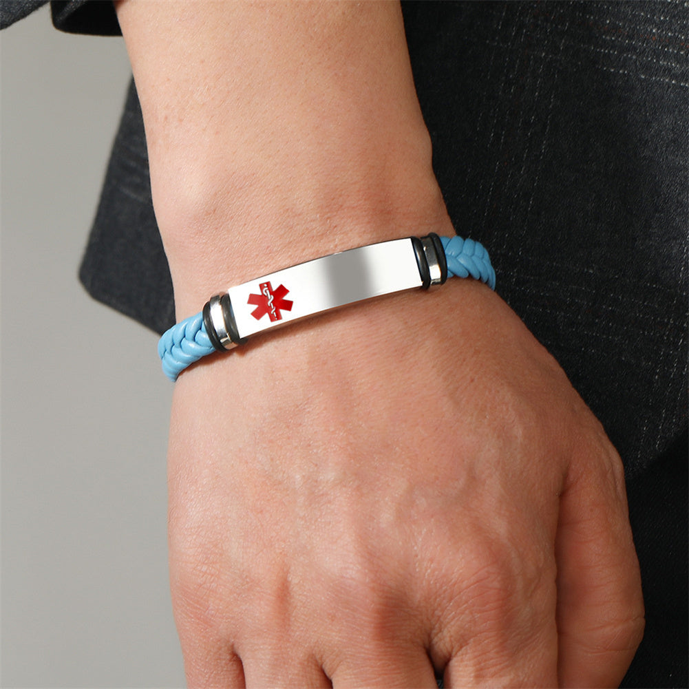 Personalized Medical Alert Disease Awareness Leather Bracelet Alarm ID Bangle Emergency Life Saver for Women Men,Black,Brown,with Aid Bag