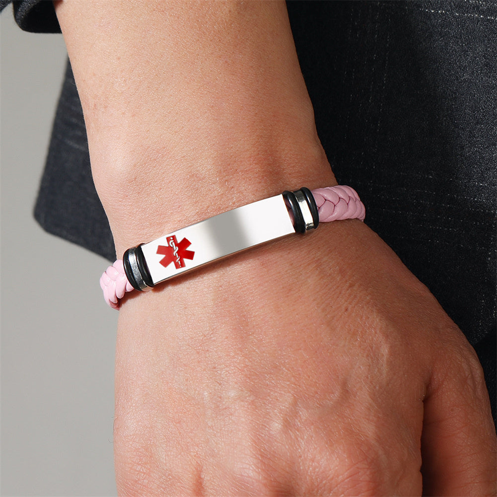 Personalized Medical Alert Disease Awareness Leather Bracelet Alarm ID Bangle Emergency Life Saver for Women Men,Black,Brown,with Aid Bag