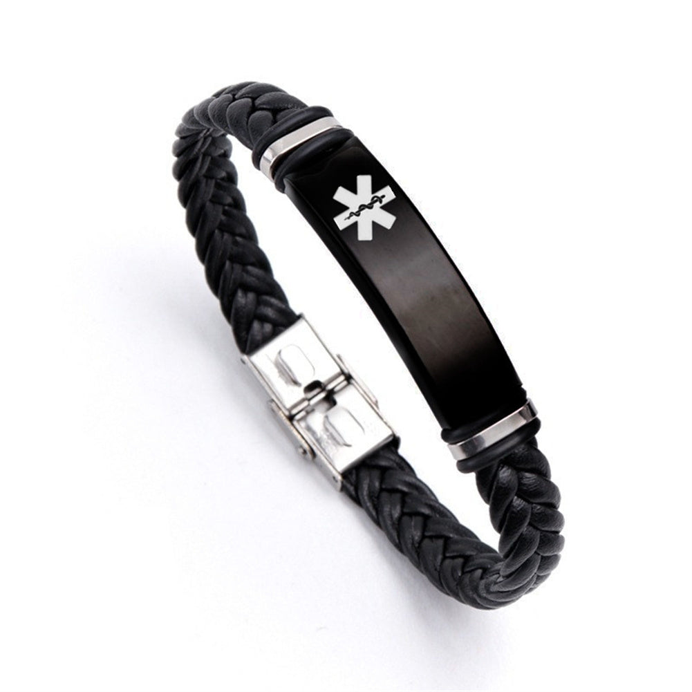 Personalized Medical Alert Disease Awareness Leather Bracelet Alarm ID Bangle Emergency Life Saver for Women Men,Black,Brown,with Aid Bag