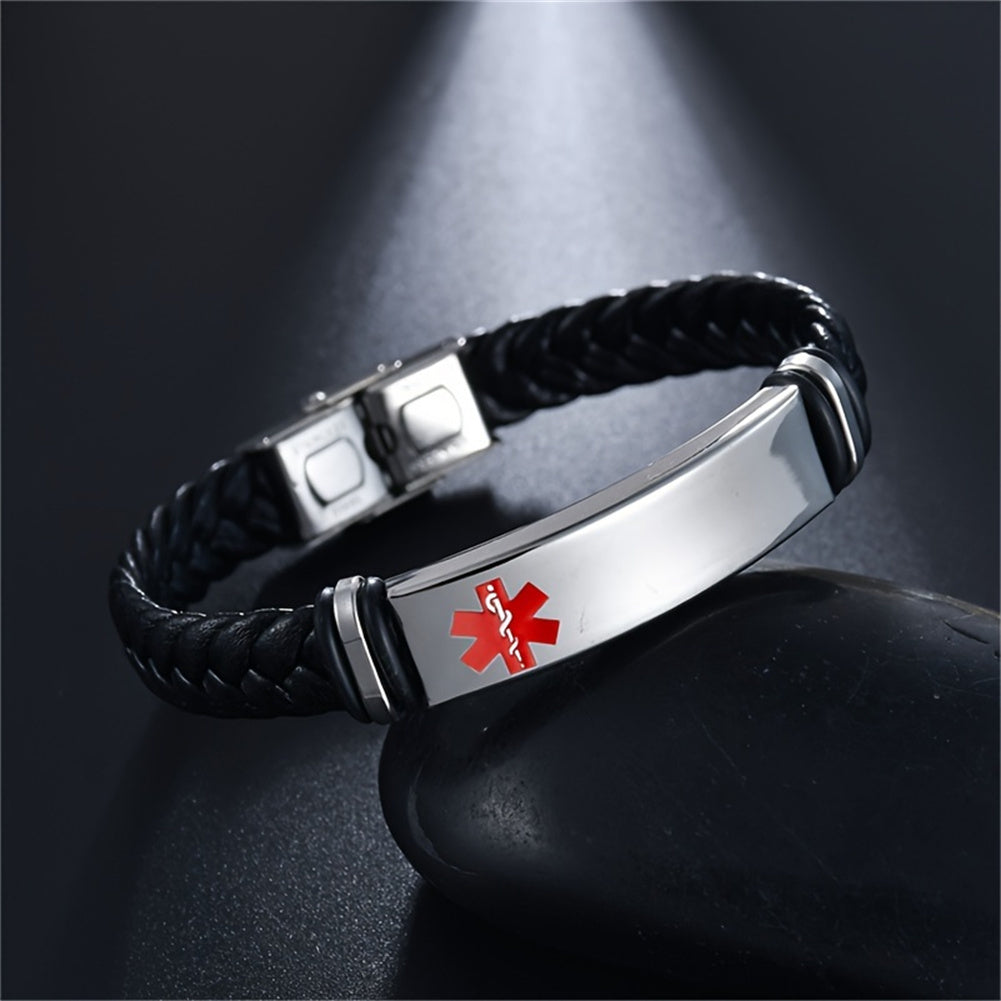 Personalized Medical Alert Disease Awareness Leather Bracelet Alarm ID Bangle Emergency Life Saver for Women Men,Black,Brown,with Aid Bag