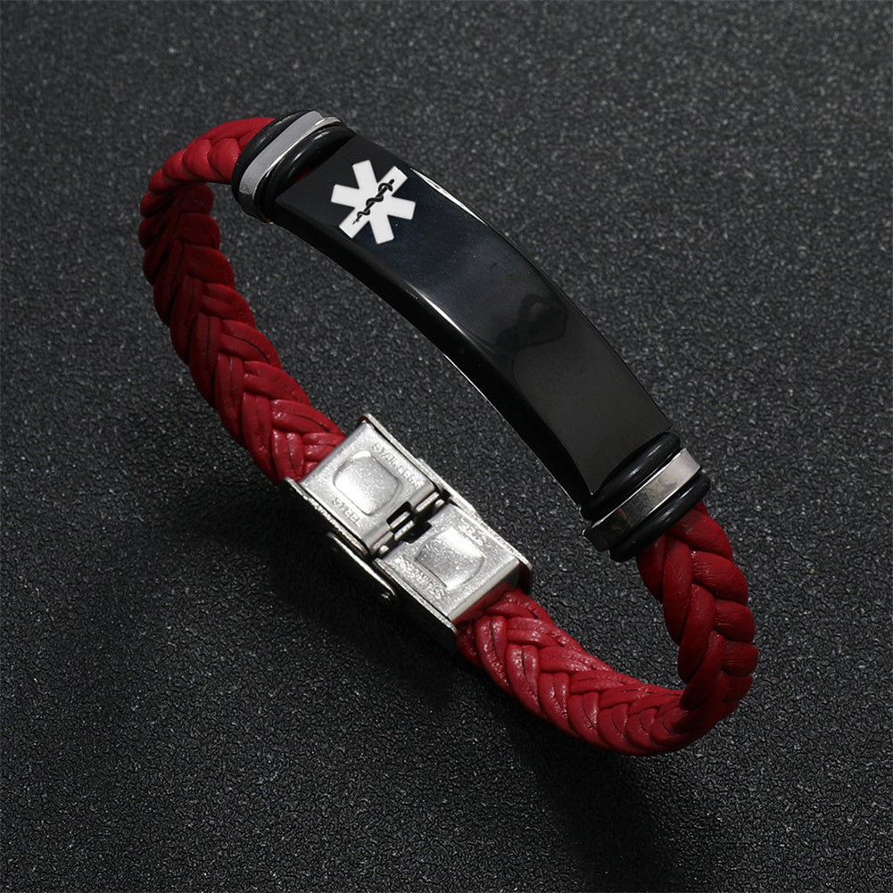 Personalized Medical Alert Disease Awareness Leather Bracelet Alarm ID Bangle Emergency Life Saver for Women Men,Black,Brown,with Aid Bag