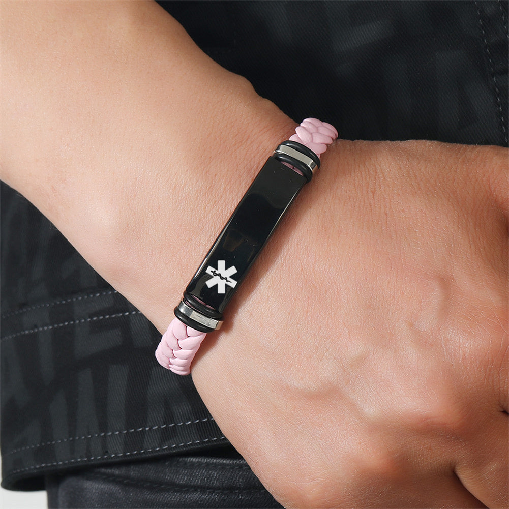 Personalized Medical Alert Disease Awareness Leather Bracelet Alarm ID Bangle Emergency Life Saver for Women Men,Black,Brown,with Aid Bag