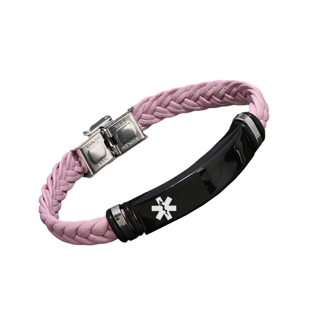 Personalized Medical Alert Disease Awareness Leather Bracelet Alarm ID Bangle Emergency Life Saver for Women Men,Black,Brown,with Aid Bag