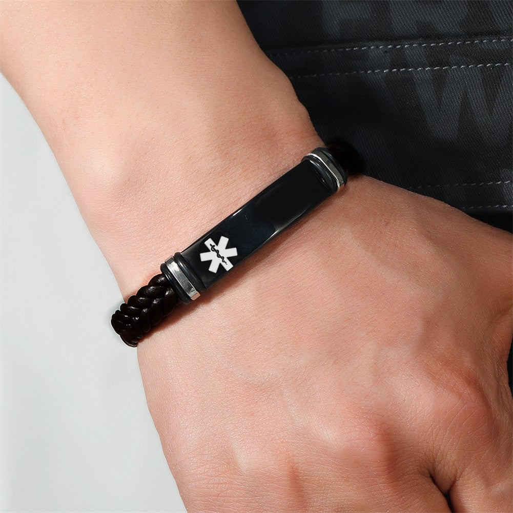 Personalized Medical Alert Disease Awareness Leather Bracelet Alarm ID Bangle Emergency Life Saver for Women Men,Black,Brown,with Aid Bag