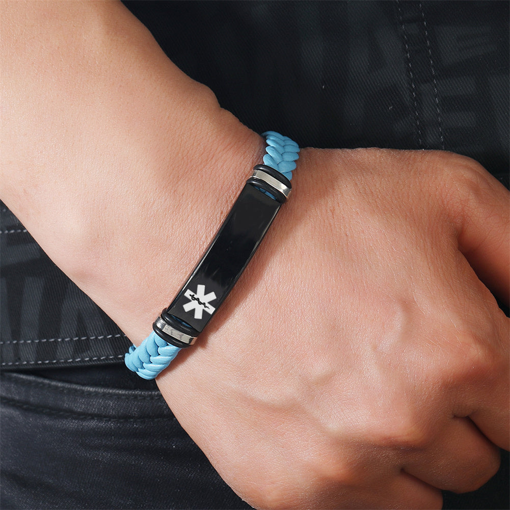 Personalized Medical Alert Disease Awareness Leather Bracelet Alarm ID Bangle Emergency Life Saver for Women Men,Black,Brown,with Aid Bag