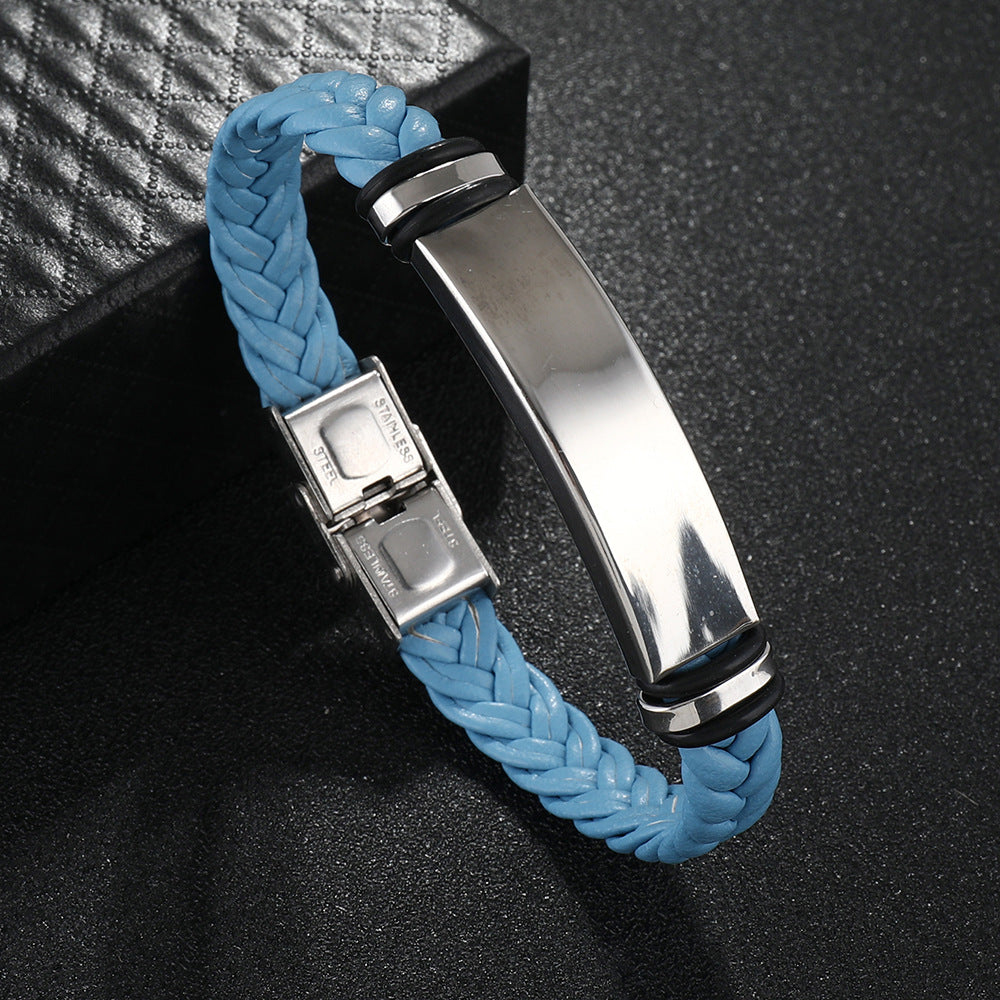 Personalized wrap leather bracelet with stainless steel plate & buckle