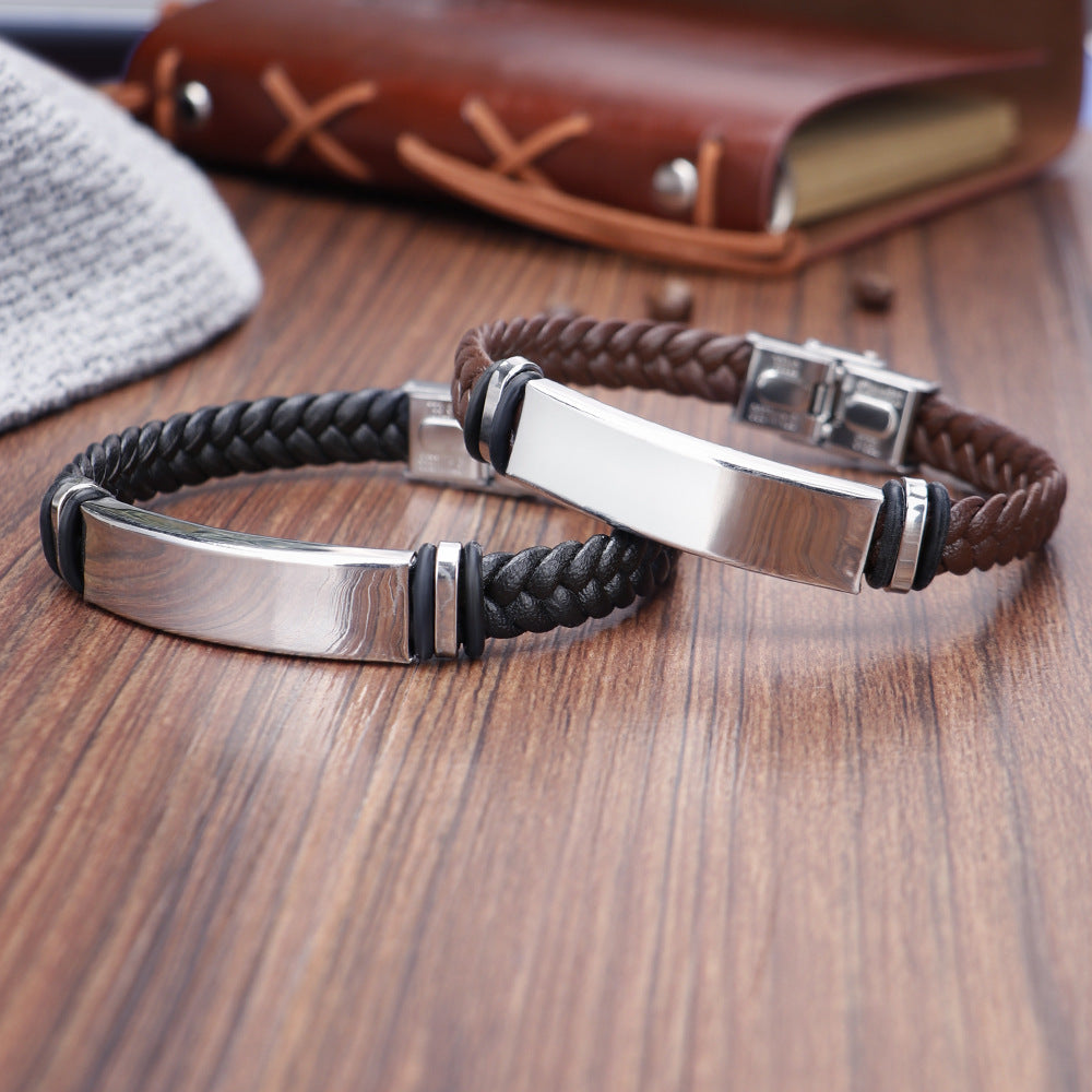 Personalized wrap leather bracelet with stainless steel plate & buckle