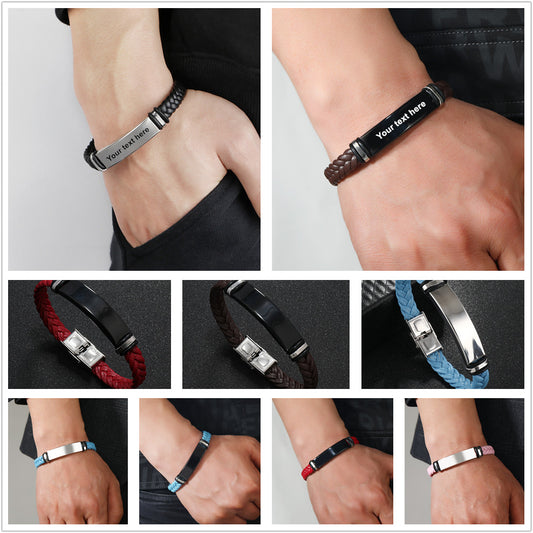 Personalized wrap leather bracelet with stainless steel plate & buckle