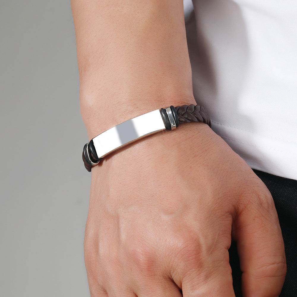 Personalized wrap leather bracelet with stainless steel plate & buckle