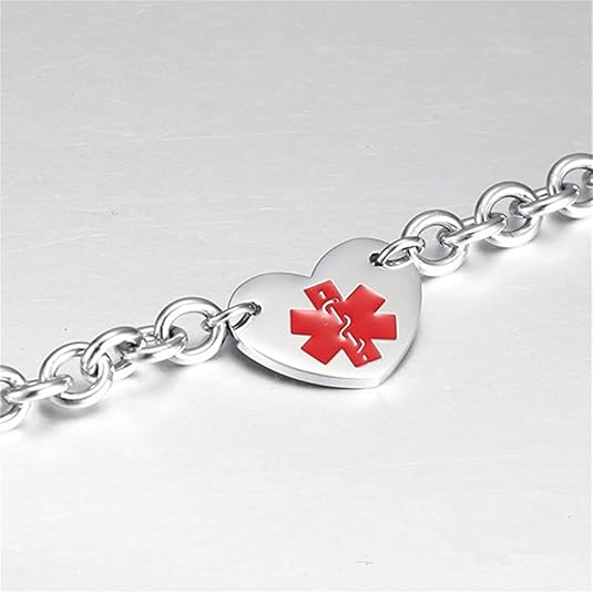 Personalized Medical Alert Heart Bracelet Rolo Chain Stainless Steel ID Bracelet Customized Jewelry, With Aid Bag