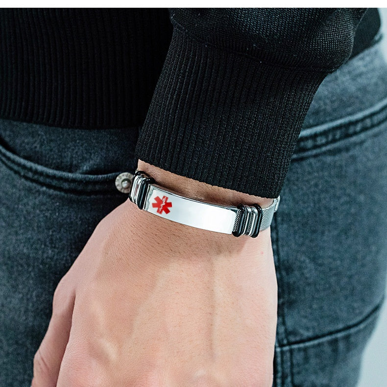 Stainless steel medical alert id mesg bracelet bangle, adjustable, 3 colors