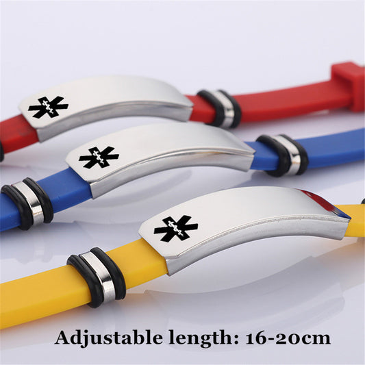 Adjustable Personalized Soft Medical Alert ID Silicone Bracelet for Adults Kid, Various Colors