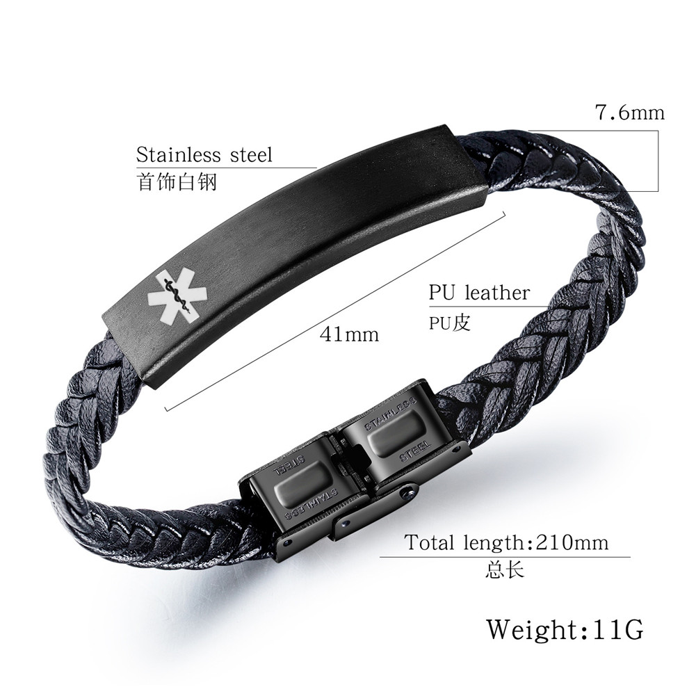 Dainty Personalised Medical Alert ID Braided Wrap Bracelet,8.26 inch, Black,With Aid Bag