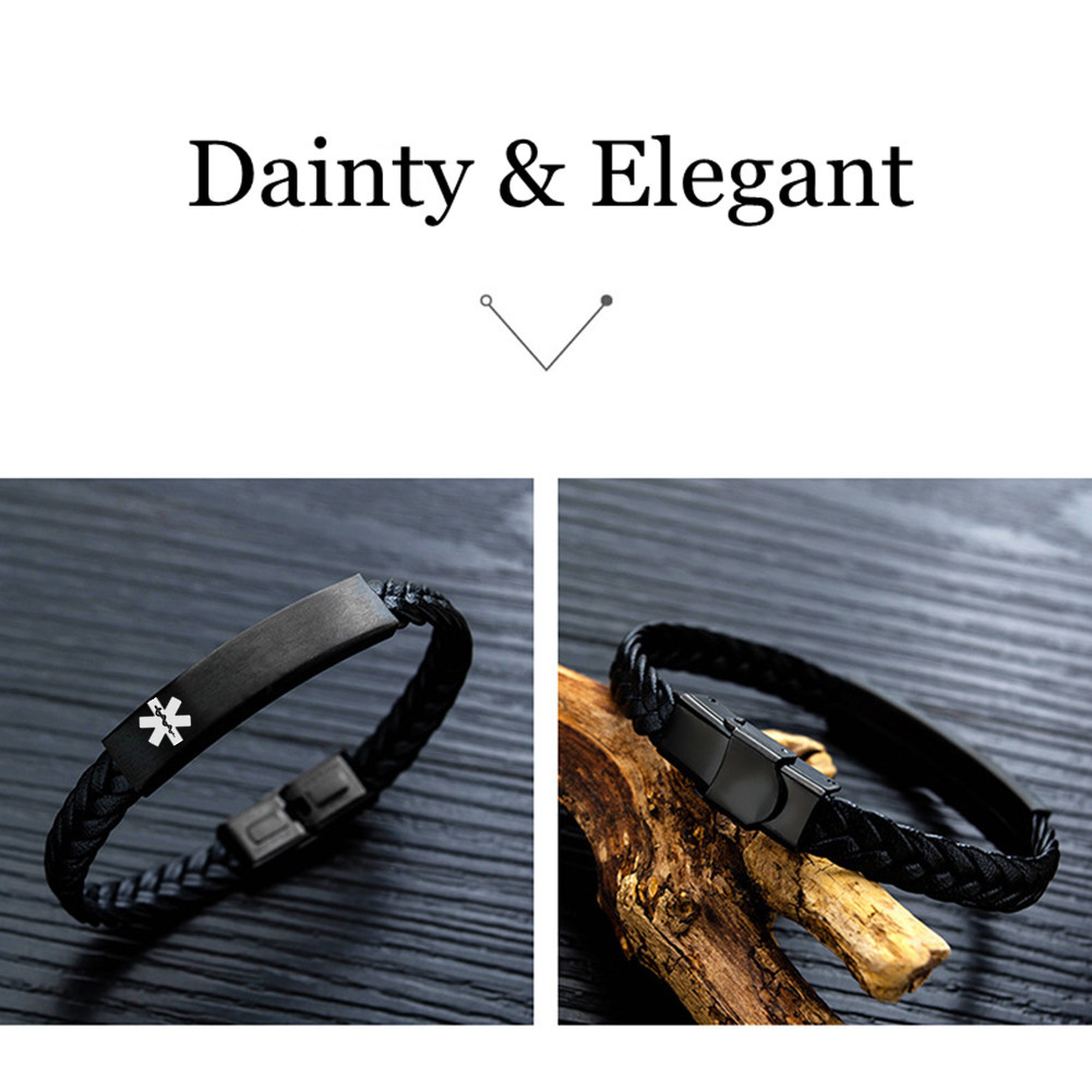 Dainty Personalised Medical Alert ID Braided Wrap Bracelet,8.26 inch, Black,With Aid Bag