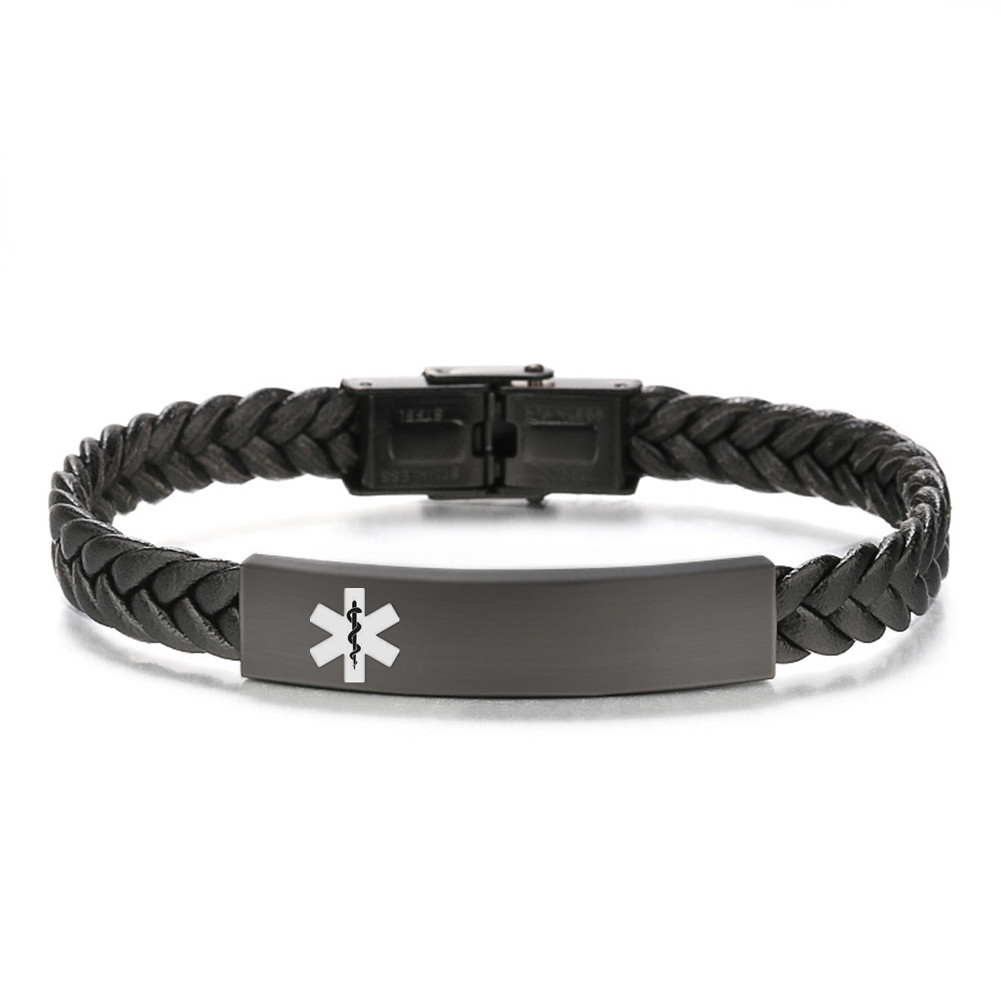 Dainty Personalised Medical Alert ID Braided Wrap Bracelet,8.26 inch, Black,With Aid Bag