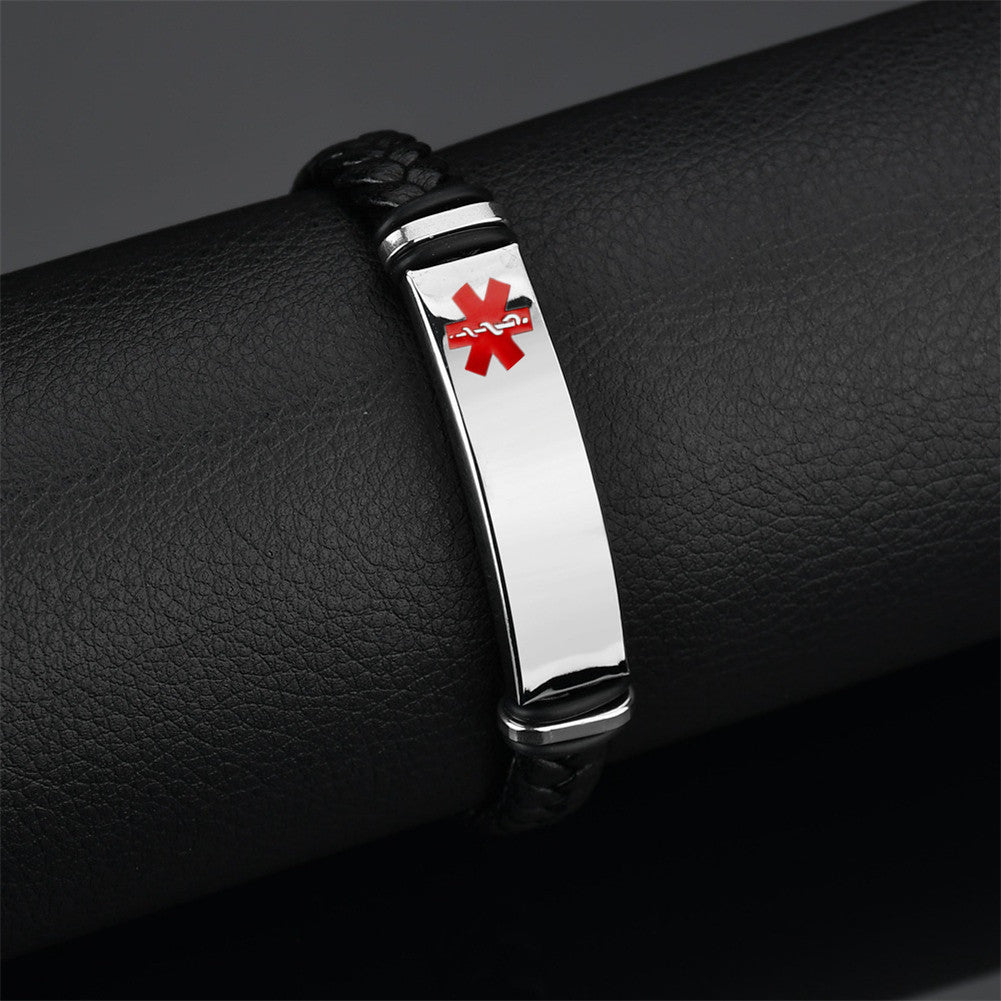 Personalized Medical Alert Disease Awareness Leather Bracelet Alarm ID Bangle Emergency Life Saver for Women Men,Black,Brown,with Aid Bag
