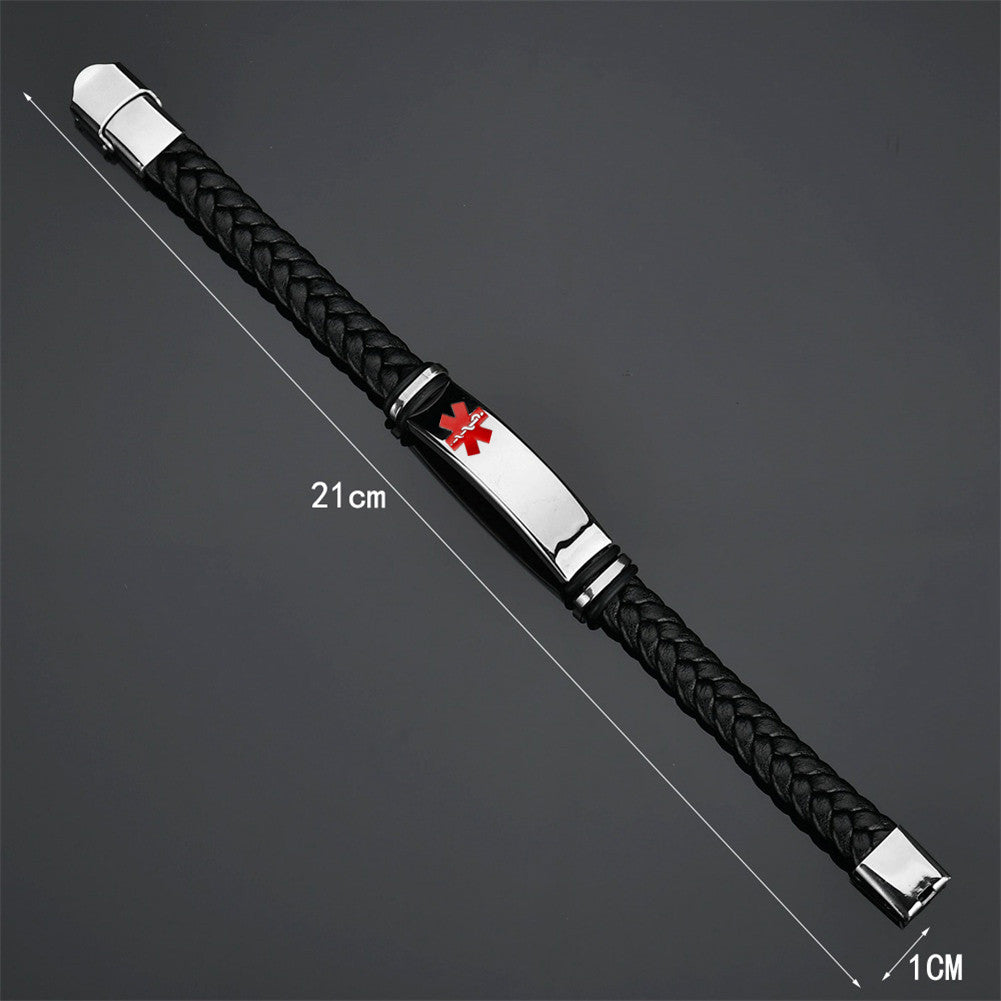 Personalized Medical Alert Disease Awareness Leather Bracelet Alarm ID Bangle Emergency Life Saver for Women Men,Black,Brown,with Aid Bag
