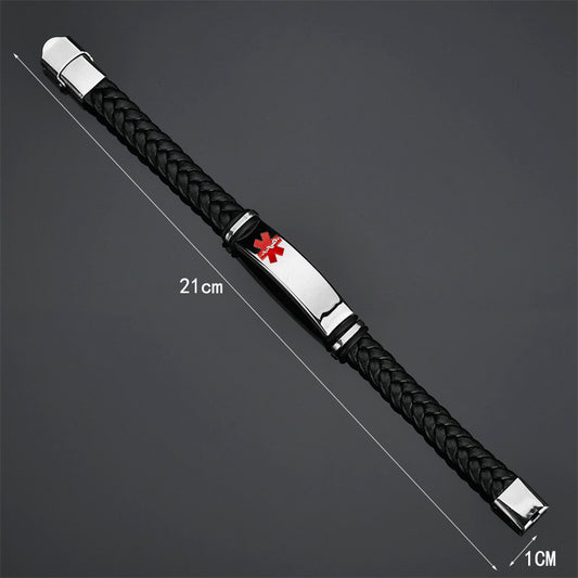 Personalized Medical Alert Disease Awareness Leather Bracelet Alarm ID Bangle Emergency Life Saver for Women Men,Black,Brown,with Aid Bag