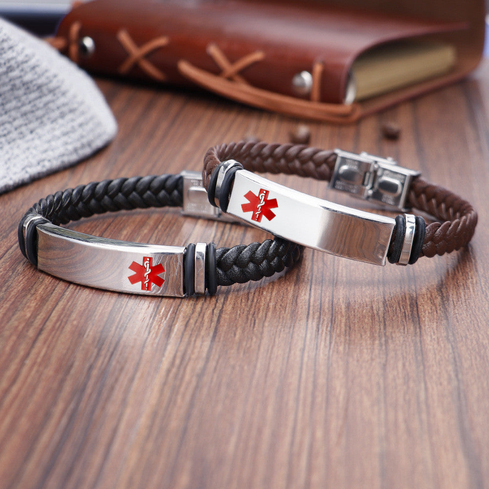 Personalized Medical Alert Disease Awareness Leather Bracelet Alarm ID Bangle Emergency Life Saver for Women Men,Black,Brown,with Aid Bag