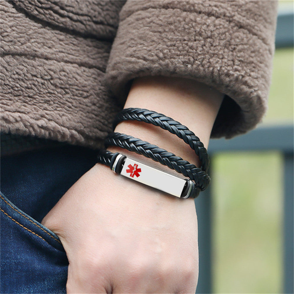 Personalised Medical Alert ID Wrap Leather Bracelet , 23.6 inch ,with Aid Bag