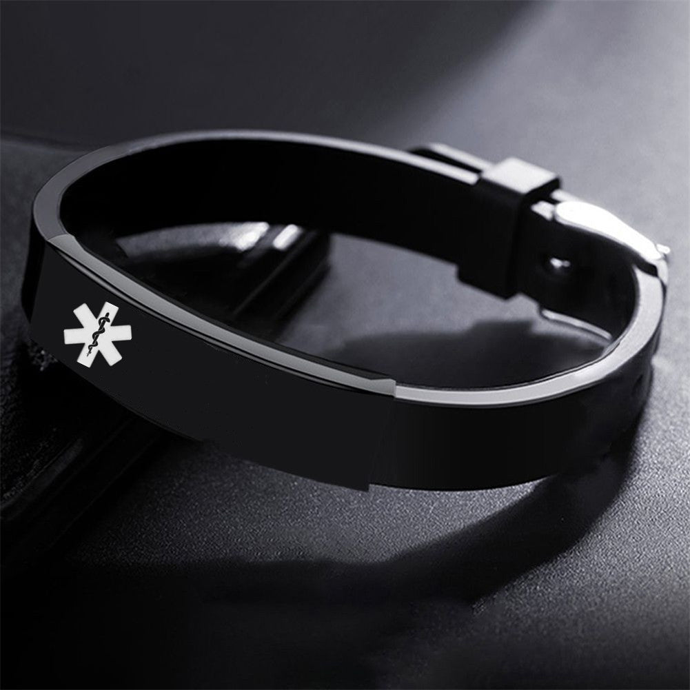 Personalized Medical Alert ID Silicone Bracelet for Kids Adults, Adjustable, Free Engraving, with Aid Bag