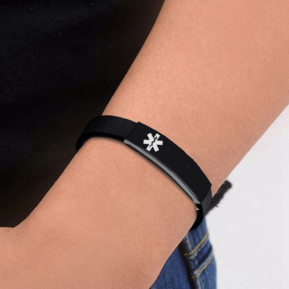 Personalized Medical Alert ID Silicone Bracelet for Kids Adults, Adjustable, Free Engraving, with Aid Bag