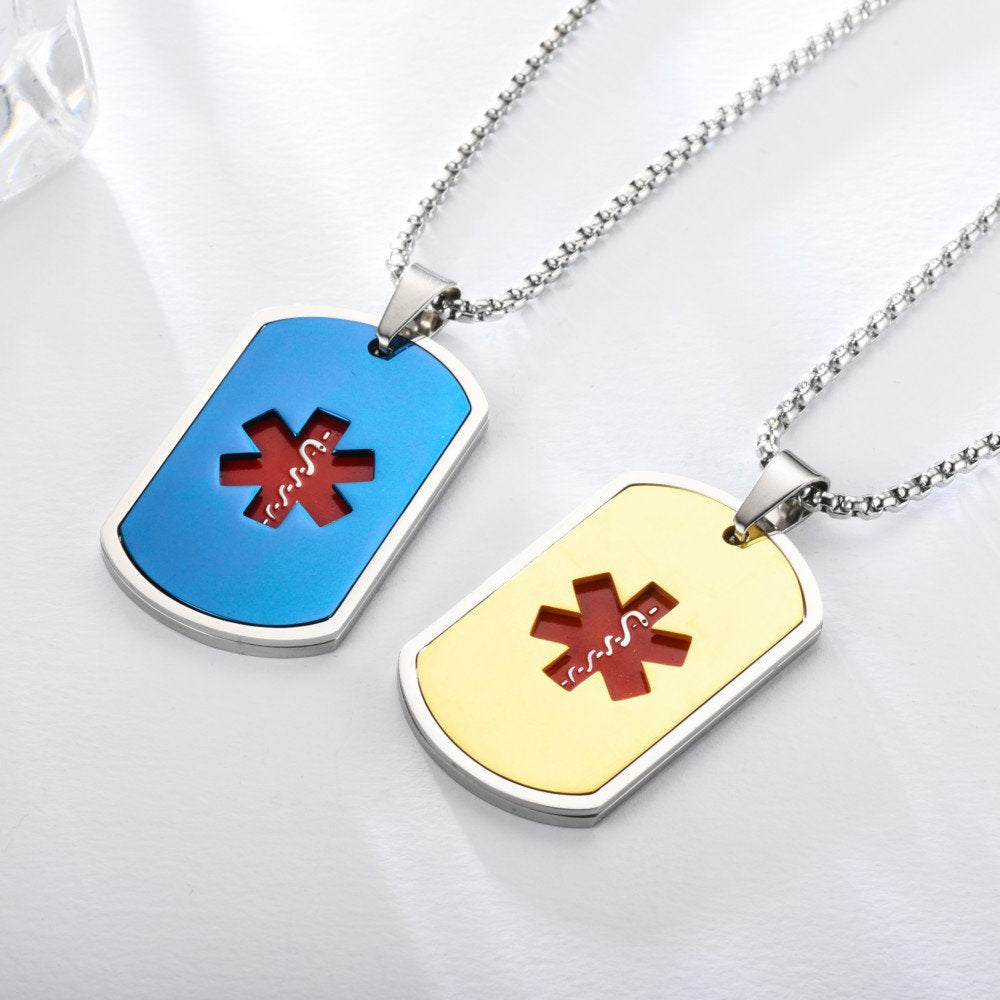 Stainlesss Steel Persoanlized Medical Alert ID Tag Pendant Neckalace with Wheat Chain,Black/Blue/Gold/Silver,with Aid Bag