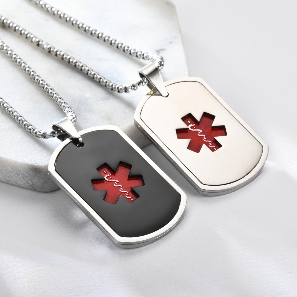 Stainlesss Steel Persoanlized Medical Alert ID Tag Pendant Neckalace with Wheat Chain,Black/Blue/Gold/Silver,with Aid Bag