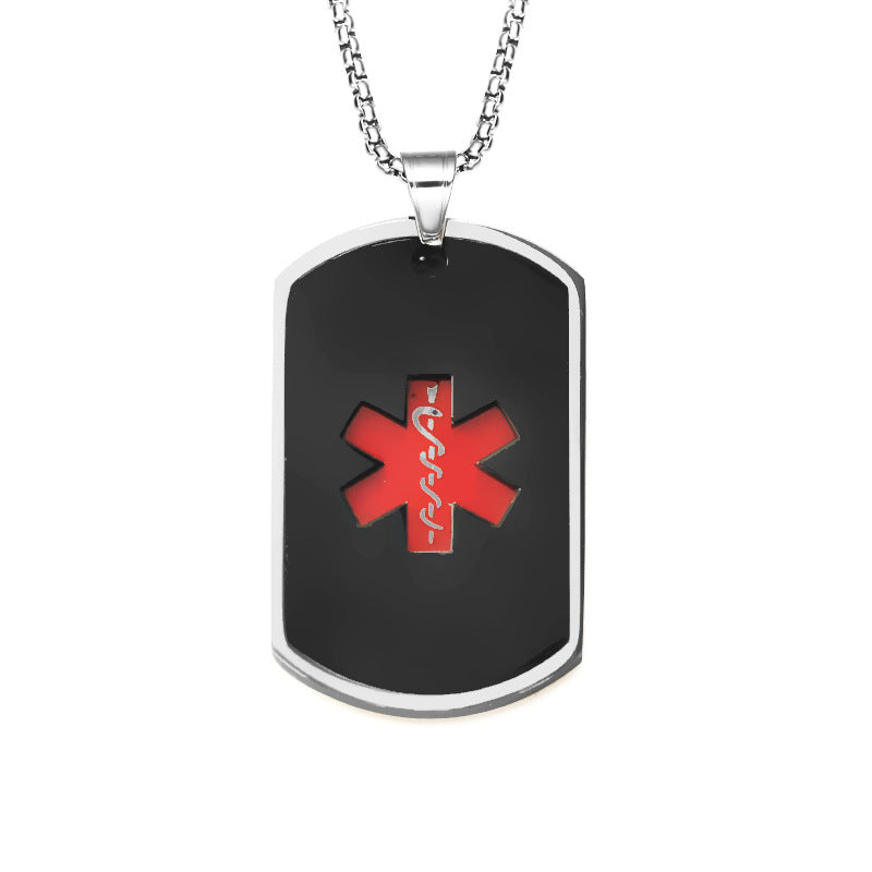 Stainlesss Steel Persoanlized Medical Alert ID Tag Pendant Neckalace with Wheat Chain,Black/Blue/Gold/Silver,with Aid Bag