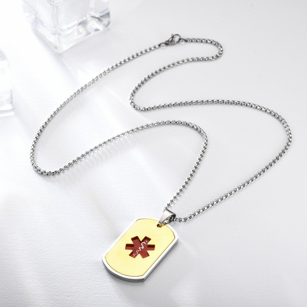 Stainlesss Steel Persoanlized Medical Alert ID Tag Pendant Neckalace with Wheat Chain,Black/Blue/Gold/Silver,with Aid Bag