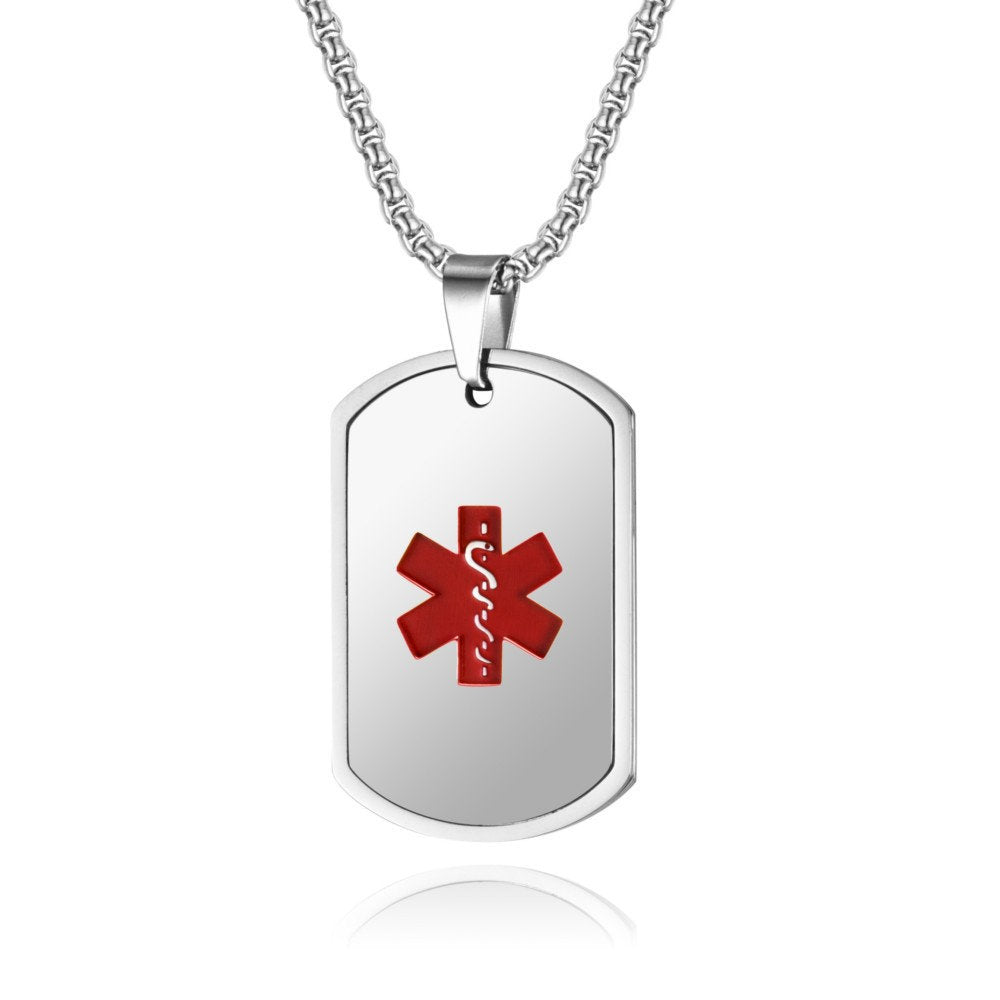 Stainlesss Steel Persoanlized Medical Alert ID Tag Pendant Neckalace with Wheat Chain,Black/Blue/Gold/Silver,with Aid Bag