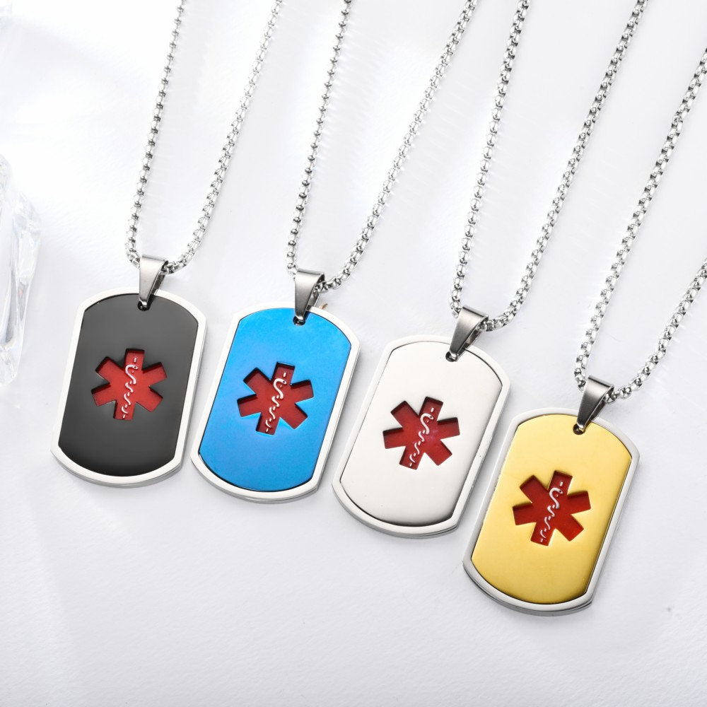 Stainlesss Steel Persoanlized Medical Alert ID Tag Pendant Neckalace with Wheat Chain,Black/Blue/Gold/Silver,with Aid Bag