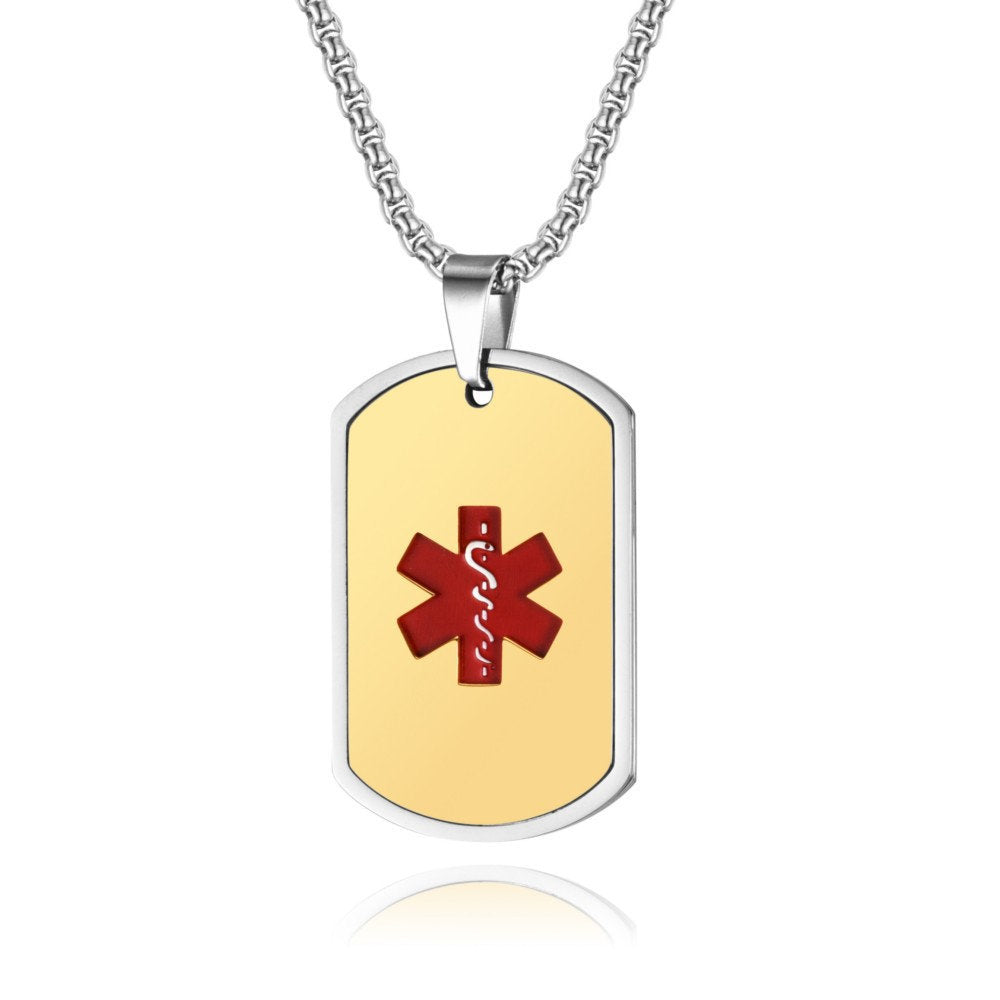 Stainlesss Steel Persoanlized Medical Alert ID Tag Pendant Neckalace with Wheat Chain,Black/Blue/Gold/Silver,with Aid Bag