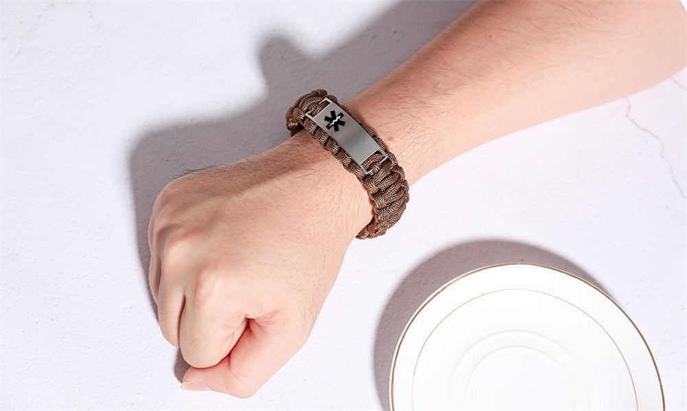 Customized Medical Alert ID Survival Paracord Bracelet Personalized Diease Awareness Wristband, 9 inch, Black,Brown