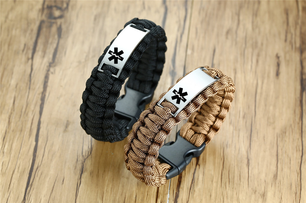 Customized Medical Alert ID Survival Paracord Bracelet Personalized Diease Awareness Wristband, 9 inch, Black,Brown