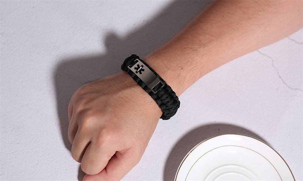 Customized Medical Alert ID Survival Paracord Bracelet Personalized Diease Awareness Wristband, 9 inch, Black,Brown
