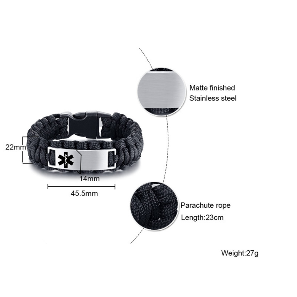 Customized Medical Alert ID Survival Paracord Bracelet Personalized Diease Awareness Wristband, 9 inch, Black,Brown