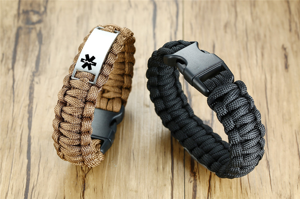 Customized Medical Alert ID Survival Paracord Bracelet Personalized Diease Awareness Wristband, 9 inch, Black,Brown