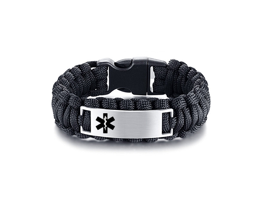 Customized Medical Alert ID Survival Paracord Bracelet Personalized Diease Awareness Wristband, 9 inch, Black,Brown