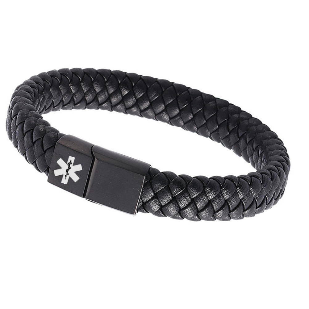 Adjustable Free Customized Engraved Medical Alert ID Leather Bracelet with Magnet Clasp,With Aid Bag, 18.5cm/20.5cm